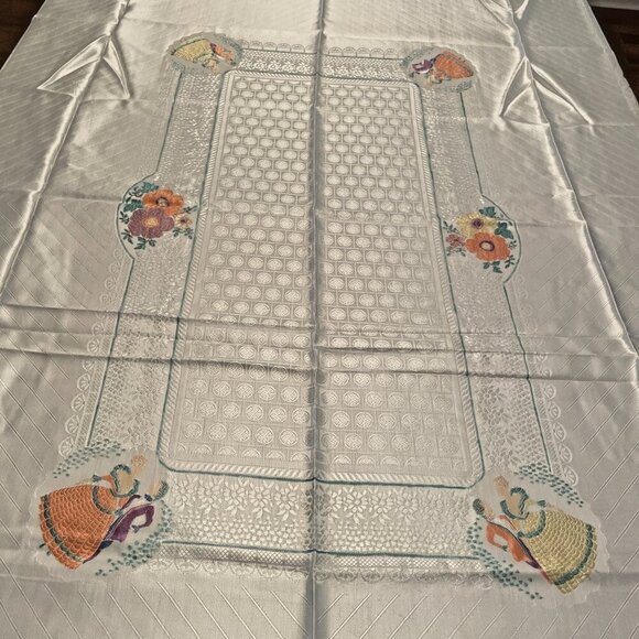 Vintage Silk Tablecloth Satin Jacquard Flowers Royal Ballroom Dancers 52X66 NWOT - Picture 1 of 12
